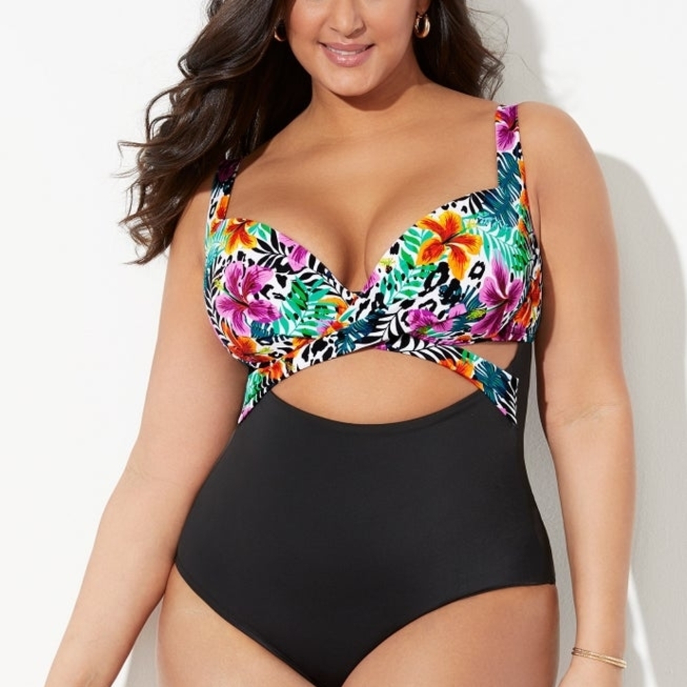 Tropical Floral and Black One-Piece Swimsuit